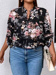SHEIN LUNE Plus Floral Print Roll Tab Sleeve Blouse - Black - View 3