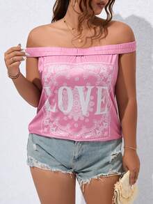 SHEIN LUNE Plus Letter Graphic Off Shoulder Top - Pink - View 5