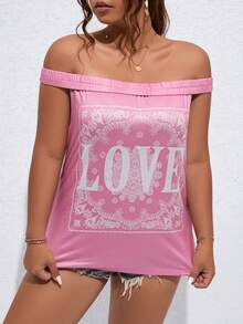 SHEIN LUNE Plus Letter Graphic Off Shoulder Top - Pink - View 4