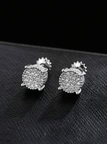 1pair Shiny Round Earrings With Elegant Cubic Zirconia Design, Noble & Classic Style For Women & Men, Fashion Jewelry - Silver - View 1
