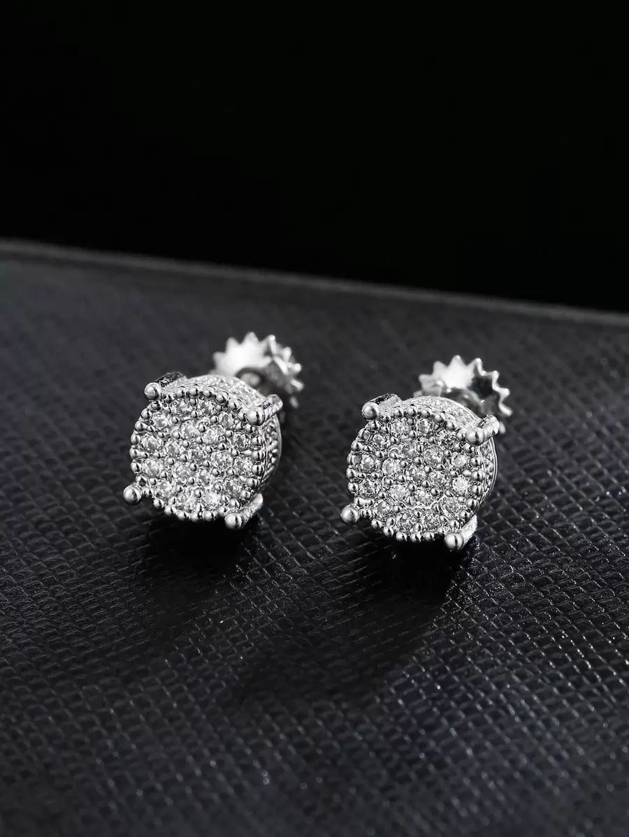 1pair Shiny Round Earrings With Elegant Cubic Zirconia Design, Noble & Classic Style For Women & Men, Fashion Jewelry - Silver - View 1