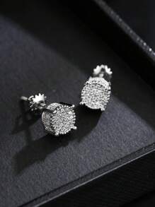 1pair Shiny Round Earrings With Elegant Cubic Zirconia Design, Noble & Classic Style For Women & Men, Fashion Jewelry - Silver - View 2