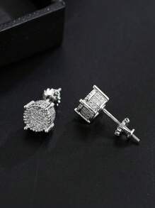 1pair Shiny Round Earrings With Elegant Cubic Zirconia Design, Noble & Classic Style For Women & Men, Fashion Jewelry - Silver - View 3