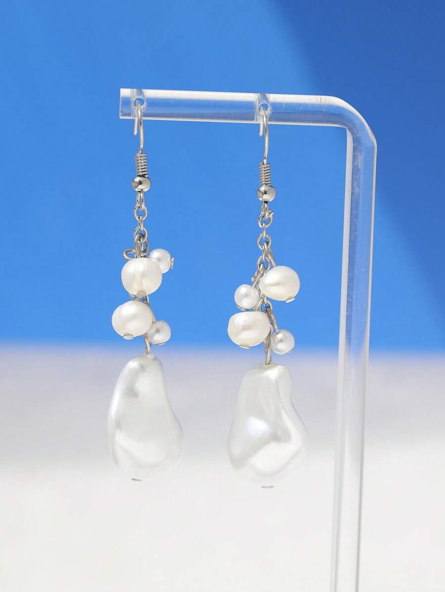 1 对优雅人造珍珠装饰耳坠，适合女士日常装饰 - 白色 - 查看 1