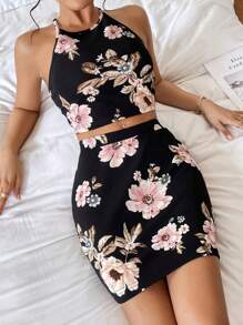 SHEIN Privé Floral Print Tie Backless Halter Top & Skirt - Multicolor - View 2