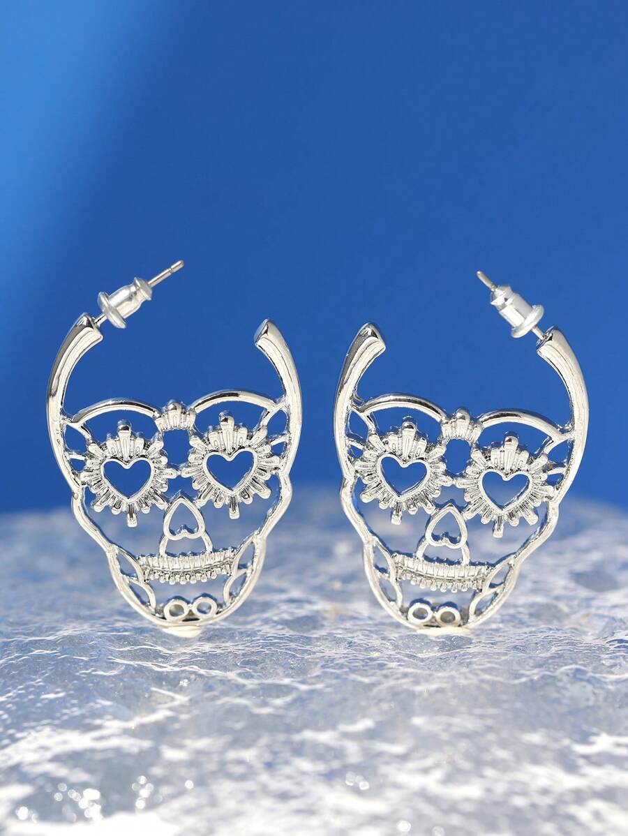 1對前衛鋅合金鏤空頭骨設計圓耳環適合女士日常裝飾 - 銀色 - 查看 1