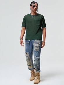 ROMWE MEN ROMWE Avant Guys Pocket Patched Pointelle Knit Top - Army Green - View 2
