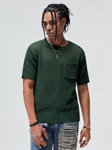 ROMWE MEN ROMWE Avant Guys Pocket Patched Pointelle Knit Top - Army Green - View 1