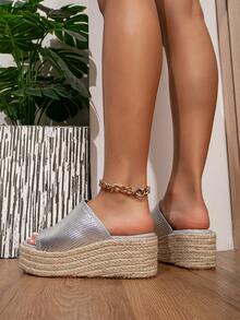 Women Metallic Espadrille Sandals, Vacation Silver Wedge Slide Sandals - Silver - View 2