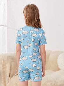 SHEIN Girls Cloud Print Button Front Pyjama Onesie - Blue and White - View 3