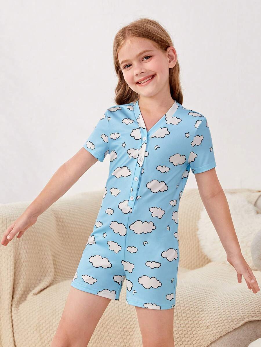 SHEIN Girls Cloud Print Button Front Pyjama Onesie - Blue and White - View 1