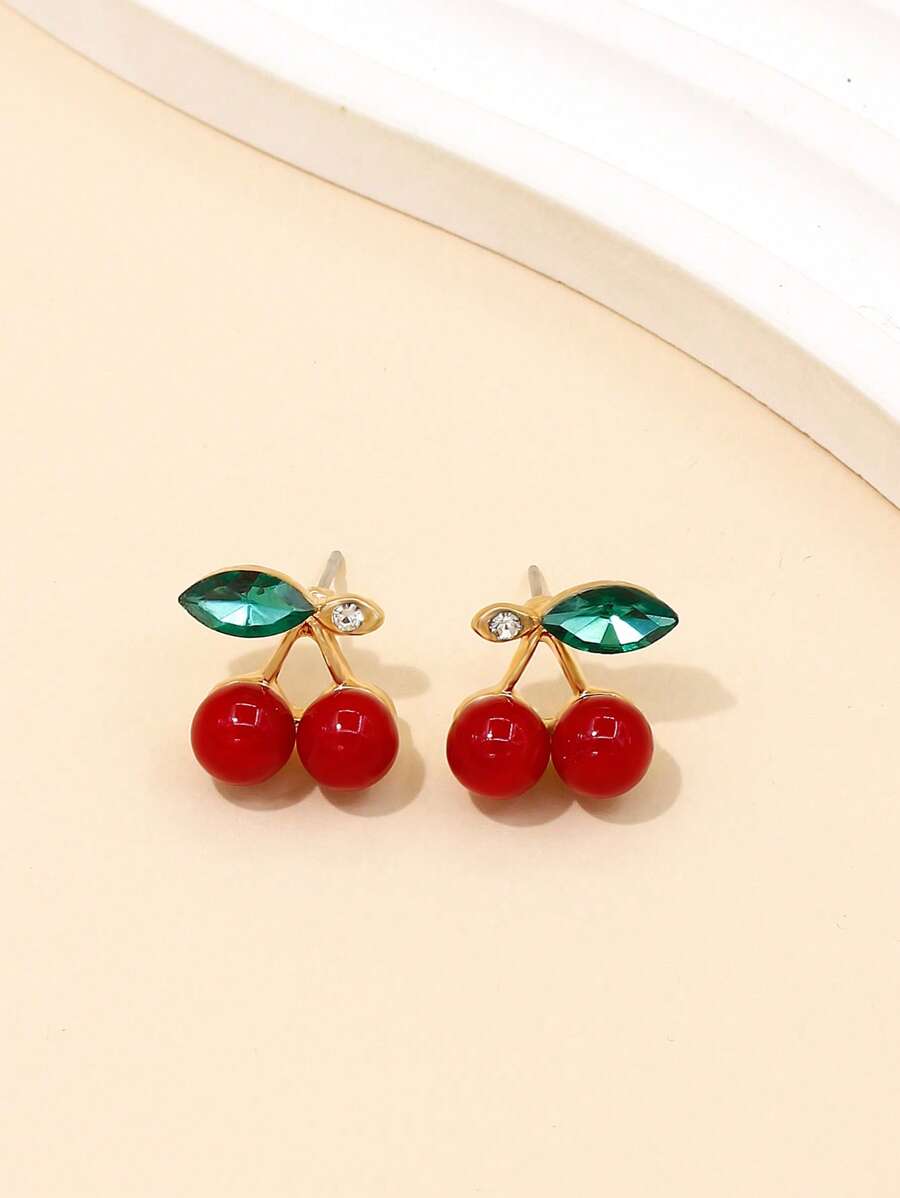 1對時尚鋅合金水鑽裝飾櫻桃耳釘適合女士日常裝飾 - 彩色 - 查看 1