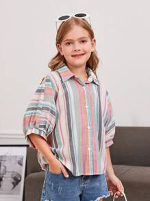 SHEIN Áo cánh Gái Nút phía trước Sọc Giải trí - Nhiều màu - Xem 5