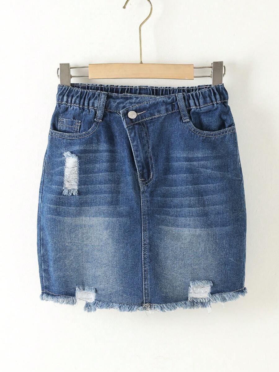 SHEIN Teen Girls Ripped Raw Hem Denim Skirt - Medium Wash - View 1