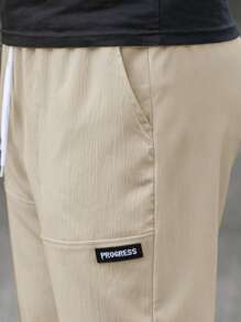 Manfinity Homme Men's Casual Letter Patch Detail Drawstring Waist Tapered Pants - Khaki - View 3