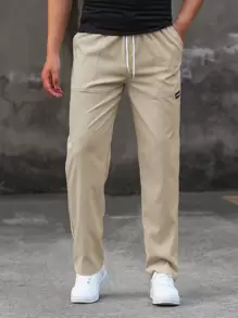 Manfinity Homme Men's Casual Letter Patch Detail Drawstring Waist Tapered Pants - Khaki - View 5