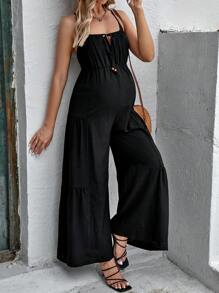 SHEIN Maternidad Mono de tirantes con cordón delantero pecho con fruncido bajo con fruncido - Negro - Ver 1