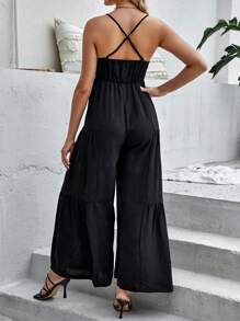 SHEIN Maternidad Mono de tirantes con cordón delantero pecho con fruncido bajo con fruncido - Negro - Ver 2