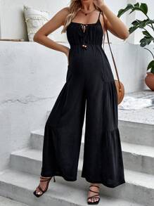 SHEIN Maternidad Mono de tirantes con cordón delantero pecho con fruncido bajo con fruncido - Negro - Ver 3