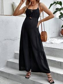 SHEIN Maternidad Mono de tirantes con cordón delantero pecho con fruncido bajo con fruncido - Negro - Ver 4