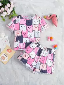 SHEIN Conjunto De Pijama De Niña Joven Con Gráfico De Dibujos Animados