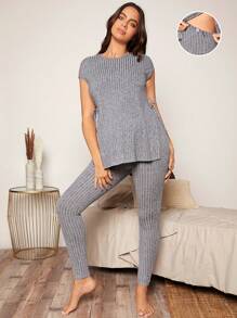 SHEIN Maternidad unicolor bajo con abertura Camiseta & de cintura ajustable Leggings Set - Gris - Ver 1