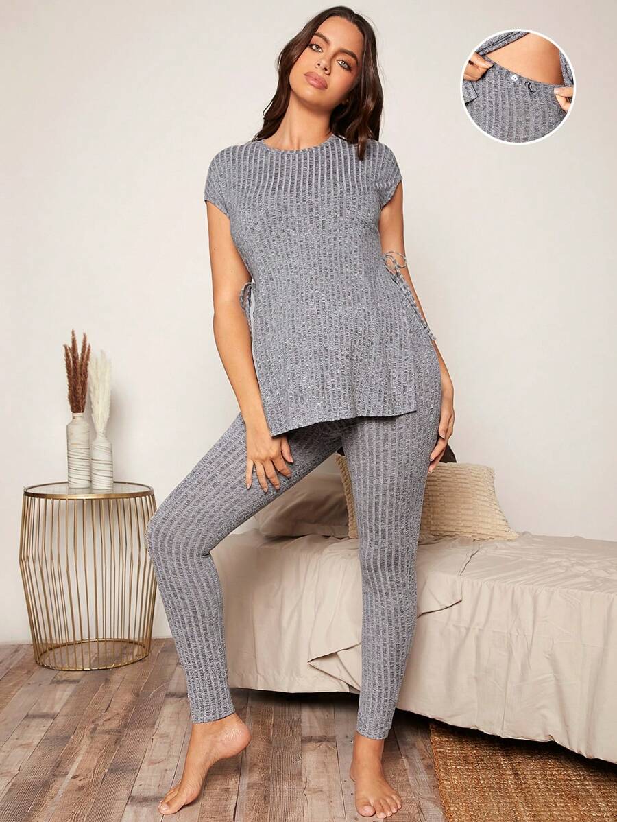 SHEIN Maternidad unicolor bajo con abertura Camiseta & de cintura ajustable Leggings Set - Gris - Ver 1