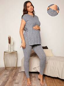 SHEIN Maternidad unicolor bajo con abertura Camiseta & de cintura ajustable Leggings Set - Gris - Ver 7