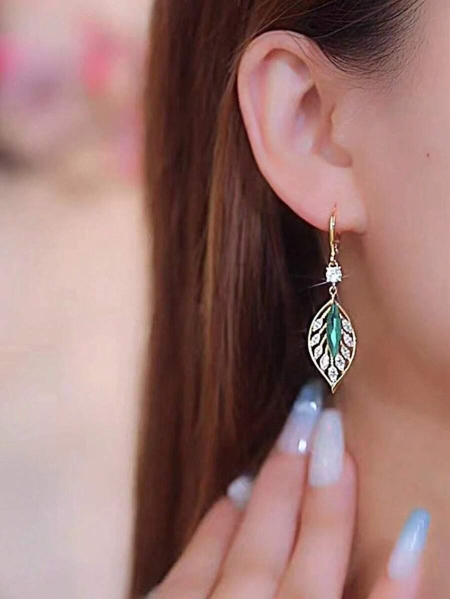 Rhinestone Leaf Drop Earrings - Multicolor - View 1