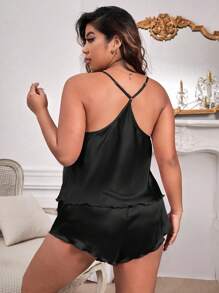 Plus Draped Collar Satin Cami Top & Shorts PJ Set - Black - View 2