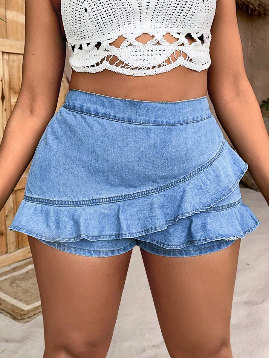 SHEIN SXY Plus Ruffle Trim Denim Skort - Light Wash - View 1