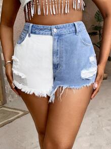 SHEIN SXY Plus Two Tone Ripped Raw Hem Denim Shorts - Multicolor - View 6