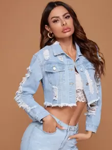 SHEIN Essnce Cazadora mezclilla rota bajo crudo - Azul lavado medio - Ver 1