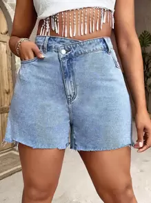 SHEIN SXY Quần short denim oversized Bất đối xứng Nút Túi Hem thô Dây kéo màu trơn - Rửa nhẹ - Xem 1