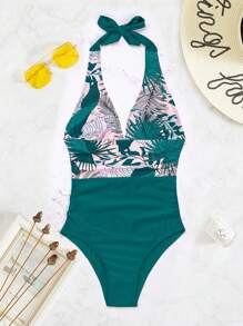 SHEIN Swim Bañador una pieza con estampado tropical halter - Multicolor - Ver 8