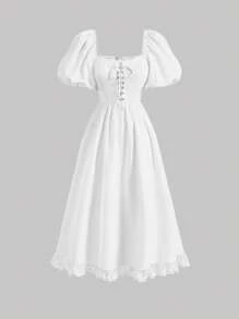 SHEIN MOD Lace Up Front Puff Sleeve Mesh Embroidery Trim Dress - White - View 1