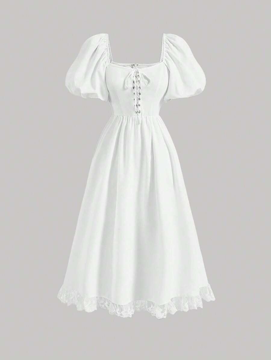 SHEIN MOD Lace Up Front Puff Sleeve Mesh Embroidery Trim Dress - White - View 1