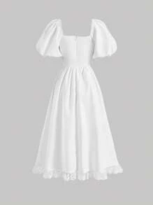 SHEIN MOD Lace Up Front Puff Sleeve Mesh Embroidery Trim Dress - White - View 2