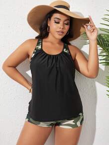 Swim Lushoire Summer Beach Plus Camo Print Tankini Set Racer Back Tank Top & Boyshorts 2 Piece Bathing Suit - Multicolor - View 4