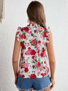 SHEIN LUNE Blusa con estampado floral de cuello con cordón ribete con fruncido - Multicolor - Ver 4