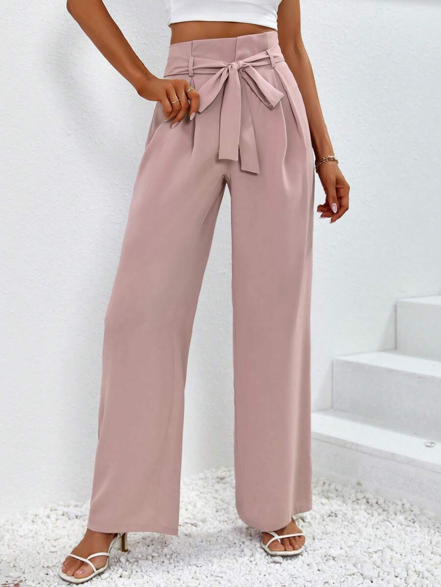 Chiquease High Waist Belted Wide Leg Trousers - Dusty Pink - View 1