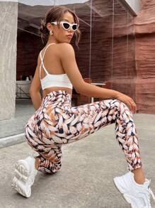 Yoga Trendy 滿版印花寬腰帶運動打底褲 - 彩色 - 查看 4