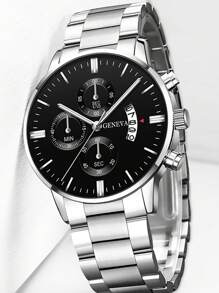 1 chiếc đồng hồ đeo tay thạch anh hình tròn cho nam & 1 chiếc vòng tay - Bạc - Xem 2