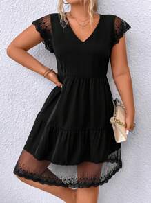 SHEIN Clasi Đầm Plus Size Viên lá sen Tương phản Mesh cắt màu trơn Dễ thương - màu đen - Xem 6