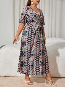 SHEIN Clasi Đầm Plus Size Thắt lưng Tách cao Hoa Paisley Boho - Nhiều màu - Xem 1