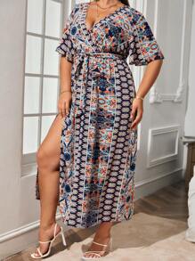 SHEIN Clasi Đầm Plus Size Thắt lưng Tách cao Hoa Paisley Boho - Nhiều màu - Xem 4