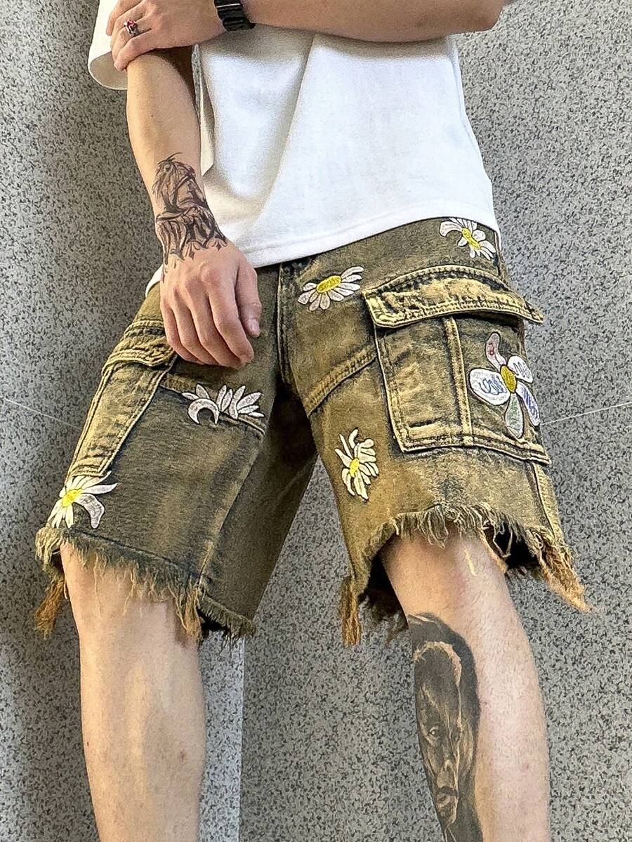 Manfinity EMRG Men Floral Pattern Raw Hem Denim Shorts - Camel - View 1