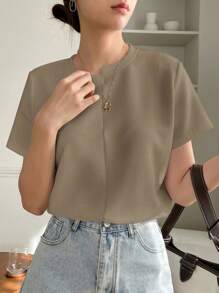 DAZY 纯色华夫格针织T恤，商务休闲女装 - 卡其色 - 查看 1