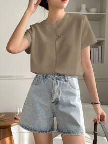 DAZY 纯色华夫格针织T恤，商务休闲女装 - 卡其色 - 查看 3