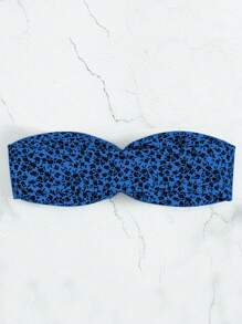 Ditsy Floral Print Ring Linked Bandeau Bikini Top - Blue - View 2